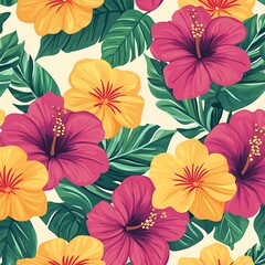 Vibrant hibiscus flowers and tropical leaves create a colorful pattern.