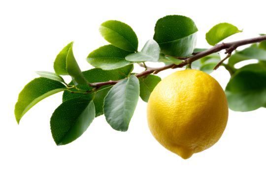 Fresh lemon hanging from green branch under natural light