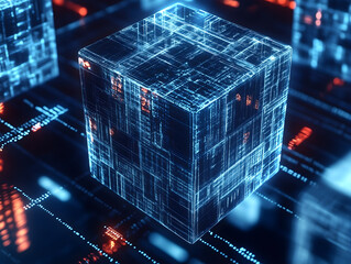AI generated image of a glowing digital cube floating in a virtual environment with circuits and binary code. Symbol of data, blockchain, and futuristic digital technology. 