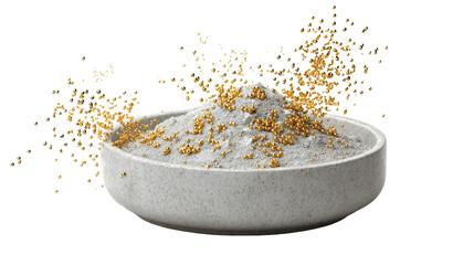 Gold powder mixing with white powder in a bowl creates a luxurious, visually striking blend, showcasing vibrant textures against a transparent background. Perfect for various creative projects
