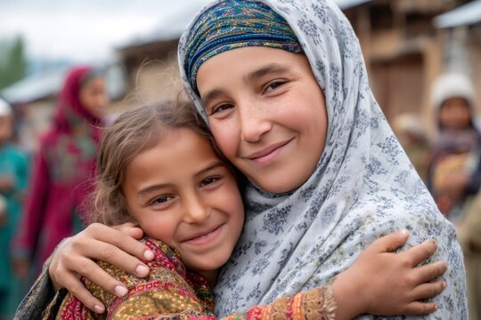 Two smiling afghan sisters embracing in a village