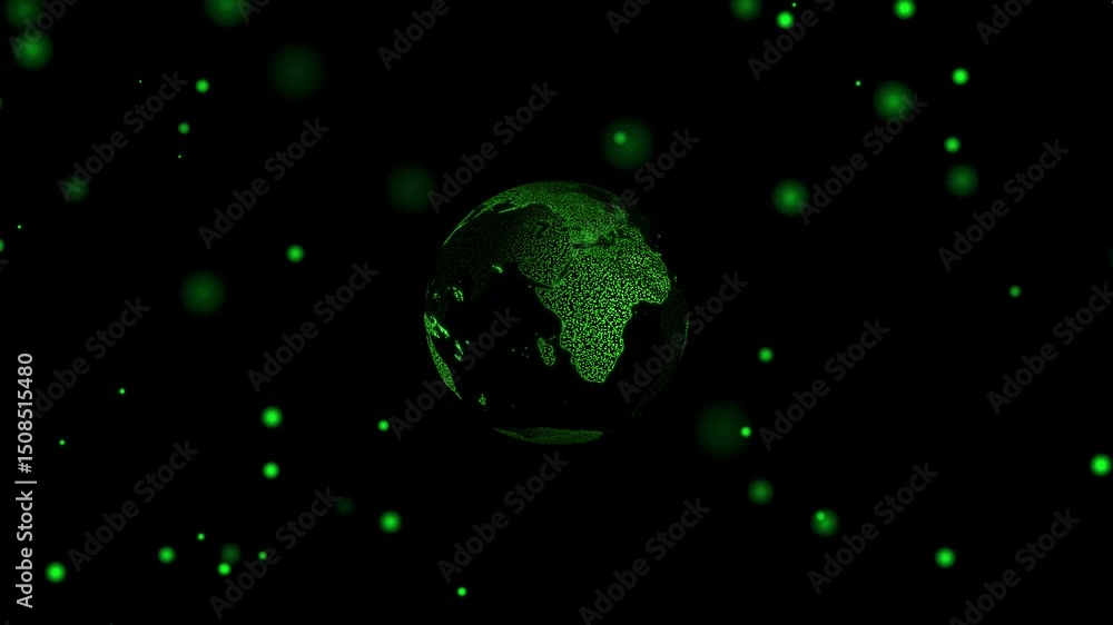 Poster textured green planet earth animation in space. abstract globe on particle background for environmen