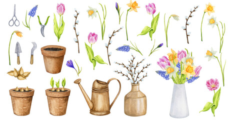 Gardening, spring work in the garden. Large set of hand-drawn watercolor illustrations. Flower pots, spring flowers, garden tools, isolated on white background.
