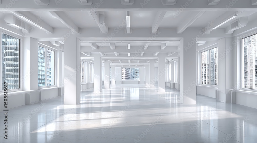 Poster spacious all-white office space with large windows and supportive columns, bathed in sunlight. an op