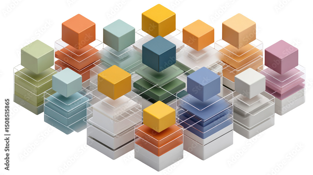 Poster abstract 3d rendering of colorful cubes stacked on transparent layers, creating a visually appealing