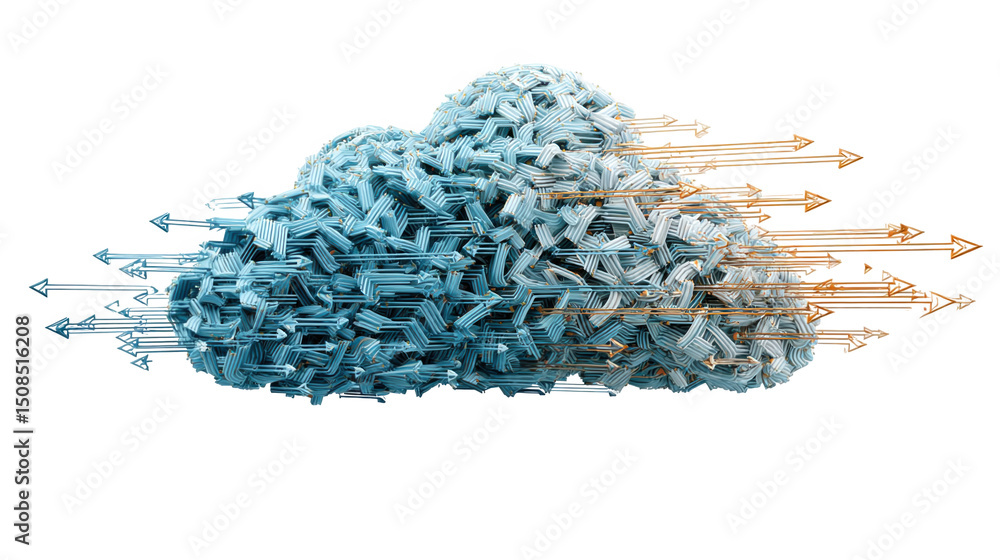 Poster multiple arrows are exiting a cloud shaped structure made of smaller arrows, representing data trans
