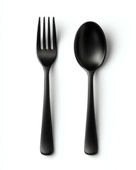 isolated white minimal design Stylish black fork and spoon set placed elegantly on a light background, perfect for minimalistic dining experiences.