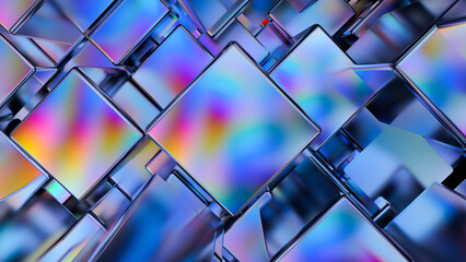 3d Abstract neon box background. Holographic Iridescent futuristic background. 3d rendering illustration not AI