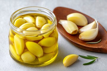 Preserving garlic cloves in extra virgin olive oil with rosemary