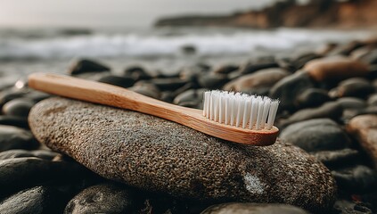Wooden Toothbrush On Beach Rocks