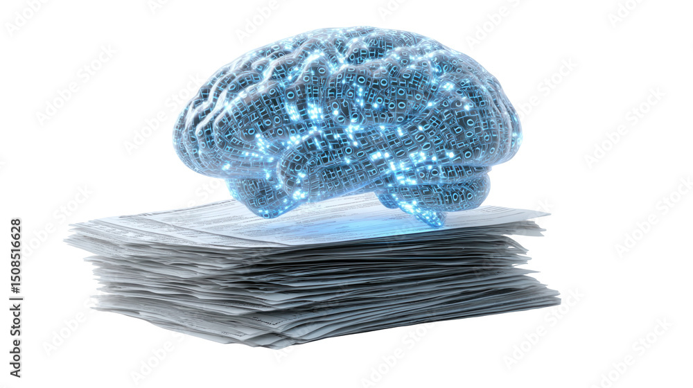 Poster holographic brain made of glowing blue digital code hovers above a large stack of papers, representi