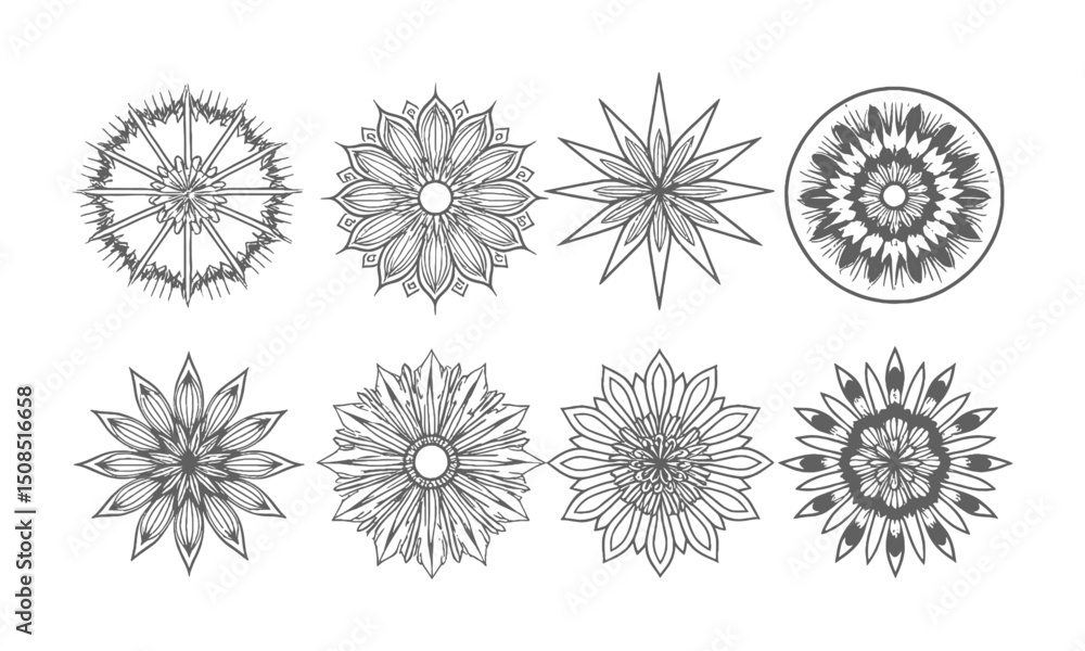Poster a set of intricate black and other colors mandala vector designs, easily scalable and editable.