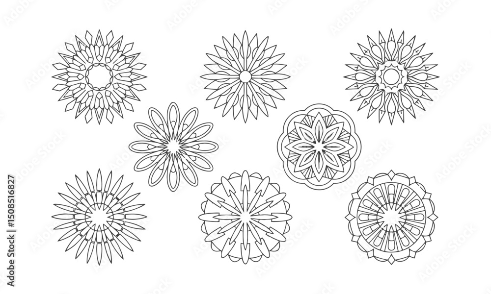 Poster a set of intricate black and other colors mandala vector designs, easily scalable and editable.