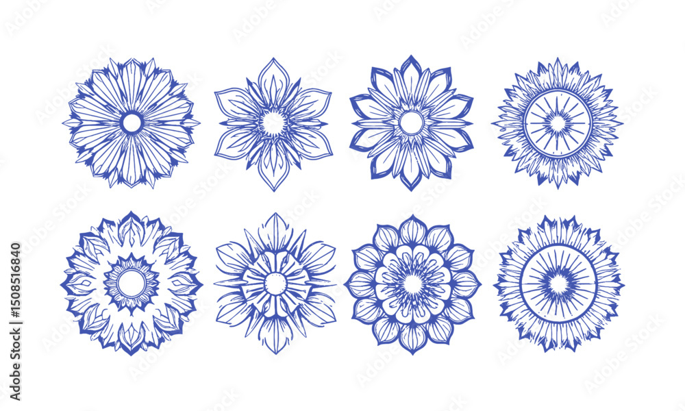 Poster a set of intricate black and other colors mandala vector designs, easily scalable and editable.