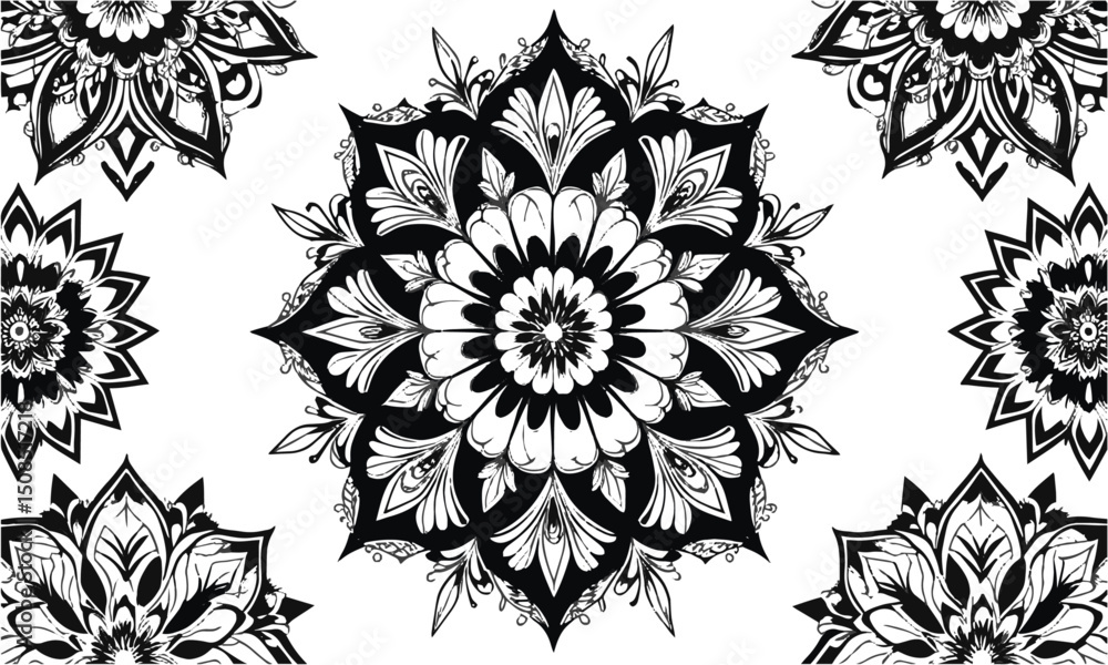 Poster a set of intricate black and other colors mandala vector designs, easily scalable and editable.