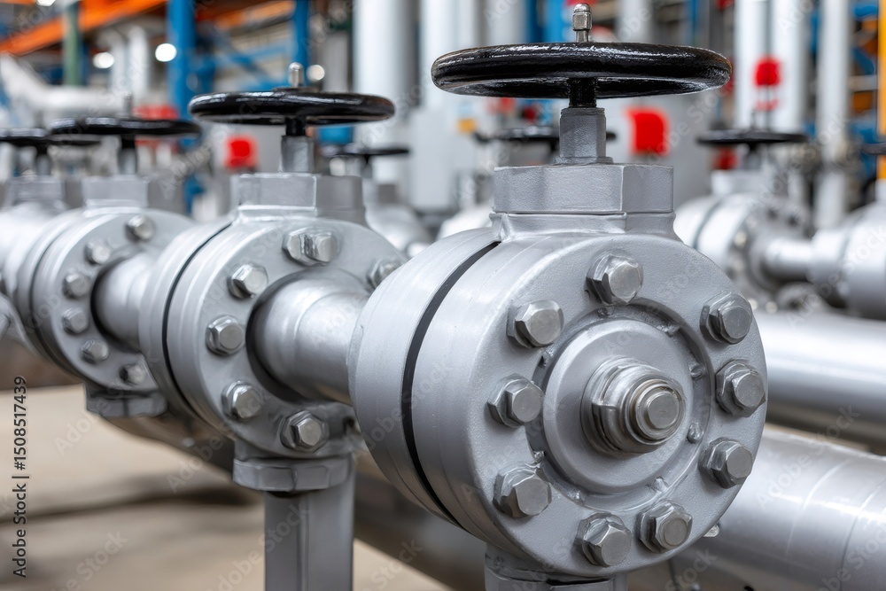 Poster Industrial valves regulating flow in pipeline system within modern factory