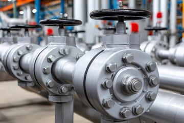 Industrial valves regulating flow in pipeline system within modern factory
