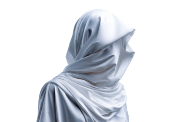Mysterious figure shrouded in flowing white fabric