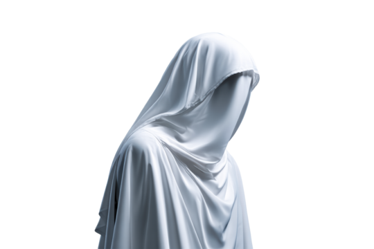 Mysterious figure draped in white fabric with a concealed face