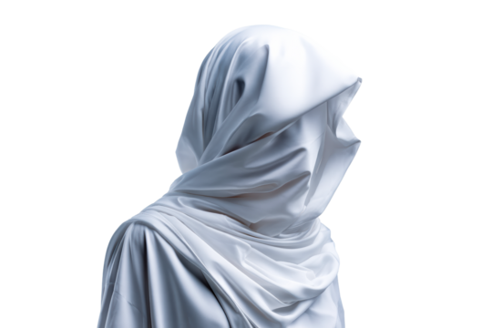 Mysterious figure shrouded in flowing white fabric