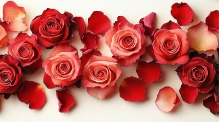 Obraz premium Romantic Arrangement of Red and Pink Roses with Petals on Surface