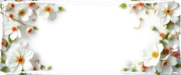 Obraz premium White vintage floral frame with grunge edges, perfect for holiday cards, scrapbook pages, or photo banners, scrapbook, paper texture