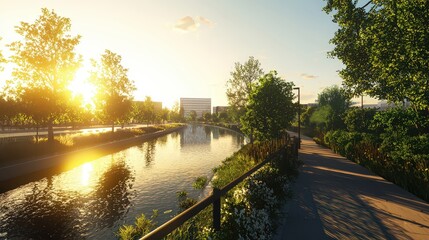 Fototapeta premium Serene evening walk along the river urban park scenic landscape natural beauty tranquil view relaxation concept