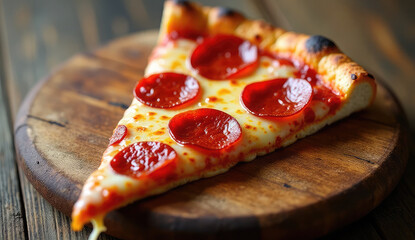 Close-up of a delicious pepperoni pizza slice.