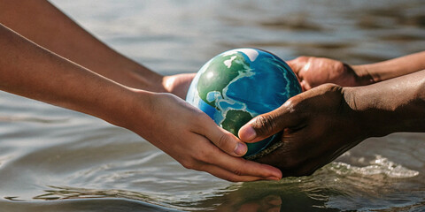 World Environment Day. Two hands hold the small Earth above the water surface concept and the conservation of water with a shared responsibility to protect natural