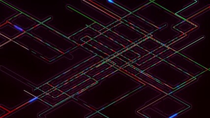 Animation of the electronic metro map neon lines move along a given route and create a schematic animation. Transport interchange. 3D rendering. 4K animation - Powered by Adobe