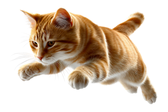 Orange cat leaps gracefully in mid air against transparent background