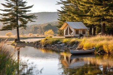 Obraz premium Glamping tent by the lake at sunrise with canoe and autumn colors