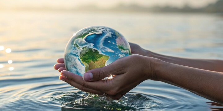 World Environment Day. Two hands gently cradling the world in the concept of global water conservation and protecting the environment from the impacts of climate change for sustainable living