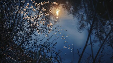 Moonlit river reflection with blossoming flowers tranquil nature scene evening serenity peaceful view