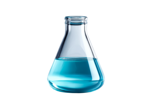 Laboratory flask filled with blue liquid on transparent background