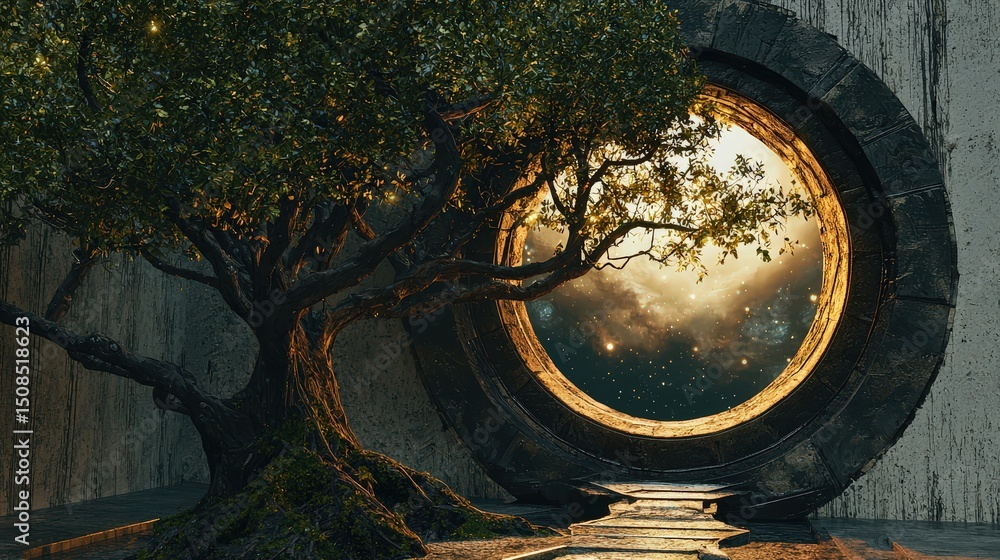 Poster mysterious tree with branches growing through portals to alternate realms in enchanted forest digita