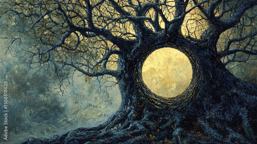 Poster fantasy art a mysterious tree with portals to alternate realities in a dreamlike enchanted forest