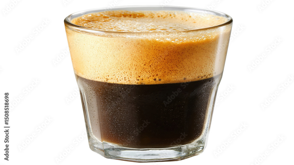Poster transparent glass filled with steaming coffee, featuring a layer of rich crema, is set against a tra