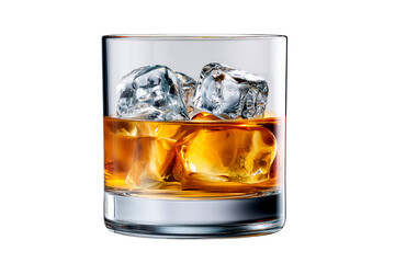 Whiskey glass with ice cubes on transparent background