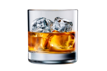 Whiskey glass with ice cubes on transparent background