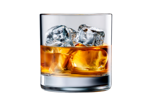 Whiskey glass with ice cubes on transparent background