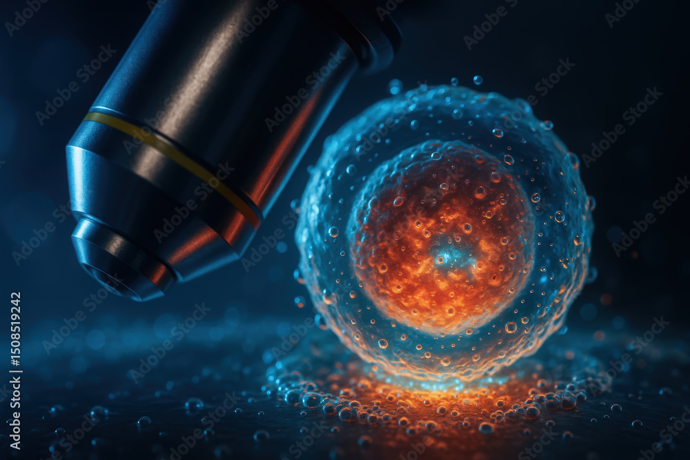 Poster microscope focusing on single cell with glowing orange core representing bio innovation in engineeri