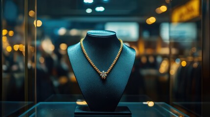 Glossy gold necklace placed in a boutique display cabinet with dark velvet lining