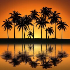 Obraz premium Silhouette of palm trees at sunset over water.