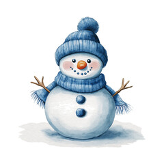 watercolor illustration of a cute snowman with hat and  scarf on transparent background