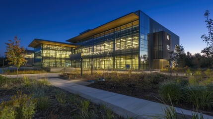 Obraz premium Contemporary building illuminated at dusk urban landscape modern architecture image eye-level view innovative design concept