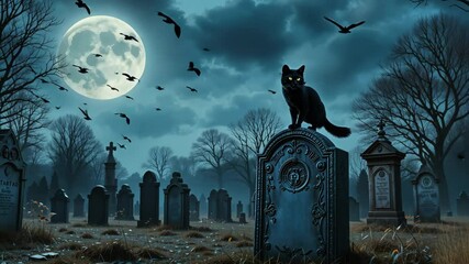 Black cat sitting on tombstone under full moon in spooky cemetery with bats flying. Concept of gothic horror and mystical darkness - Powered by Adobe
