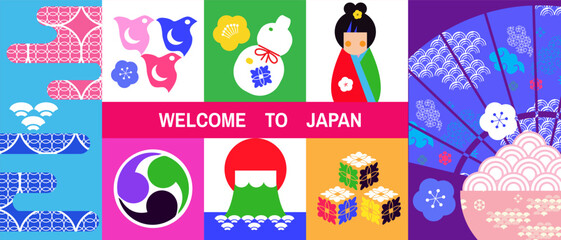  Welcome to Japan template art poster, travel banner  Vector icon illustration