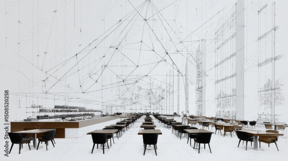 Poster hand drawn architectural sketches showcasing open plan dining spaces with modern design elements and