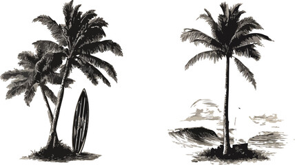 palm tree vector illustration silhouette, Vector Monochrome Hand-Drawn Palm Tree Icon Set. Single Color Palm Illustrations, 